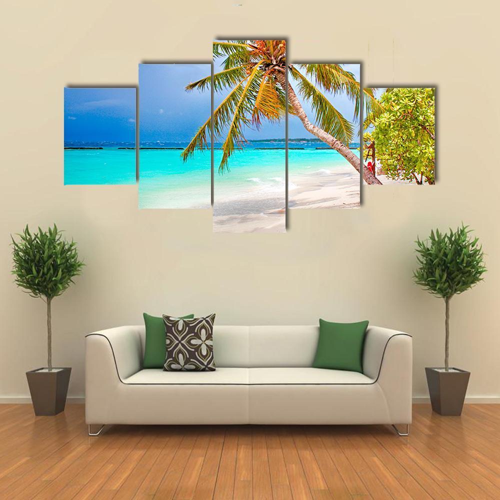Beach With Coconut Palm Canvas Wall Art-5 Star-Gallery Wrap-62" x 32"-Tiaracle