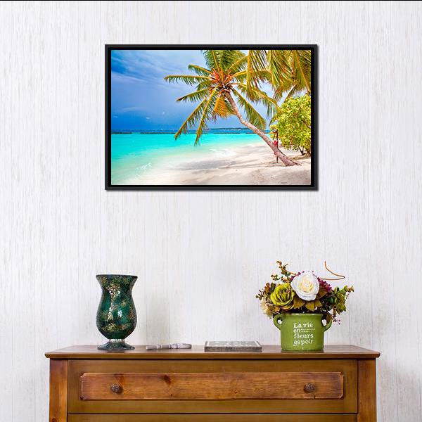 Beach With Coconut Palm Canvas Wall Art-1 Piece-Floating Frame-24" x 16"-Tiaracle