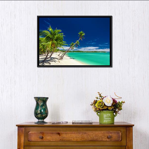 Beach With Coconut Palm Trees Canvas Wall Art-1 Piece-Floating Frame-24" x 16"-Tiaracle