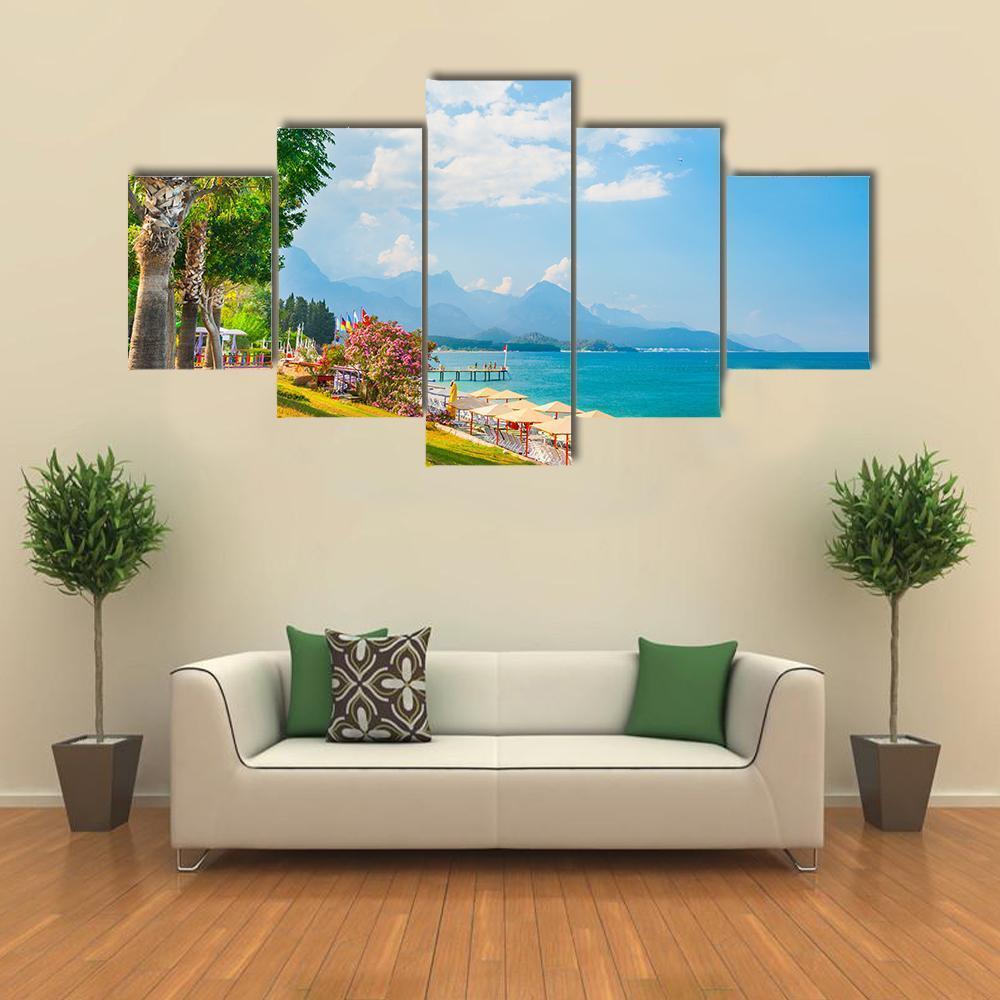 Beach With Green Trees In Kemer Canvas Wall Art-5 Star-Gallery Wrap-62" x 32"-Tiaracle
