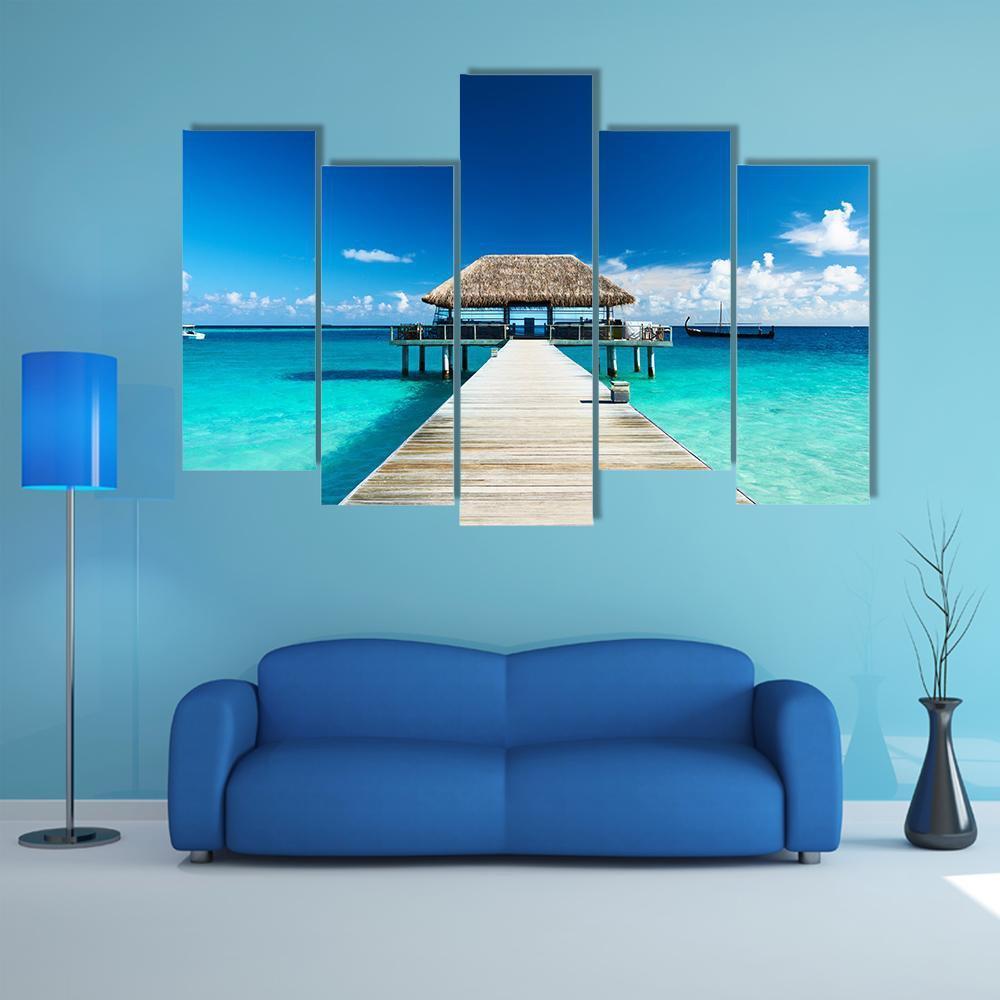 Beach With Jetty Maldives Canvas Wall Art-5 Pop-Gallery Wrap-47&quot; x 32&quot;-Tiaracle
