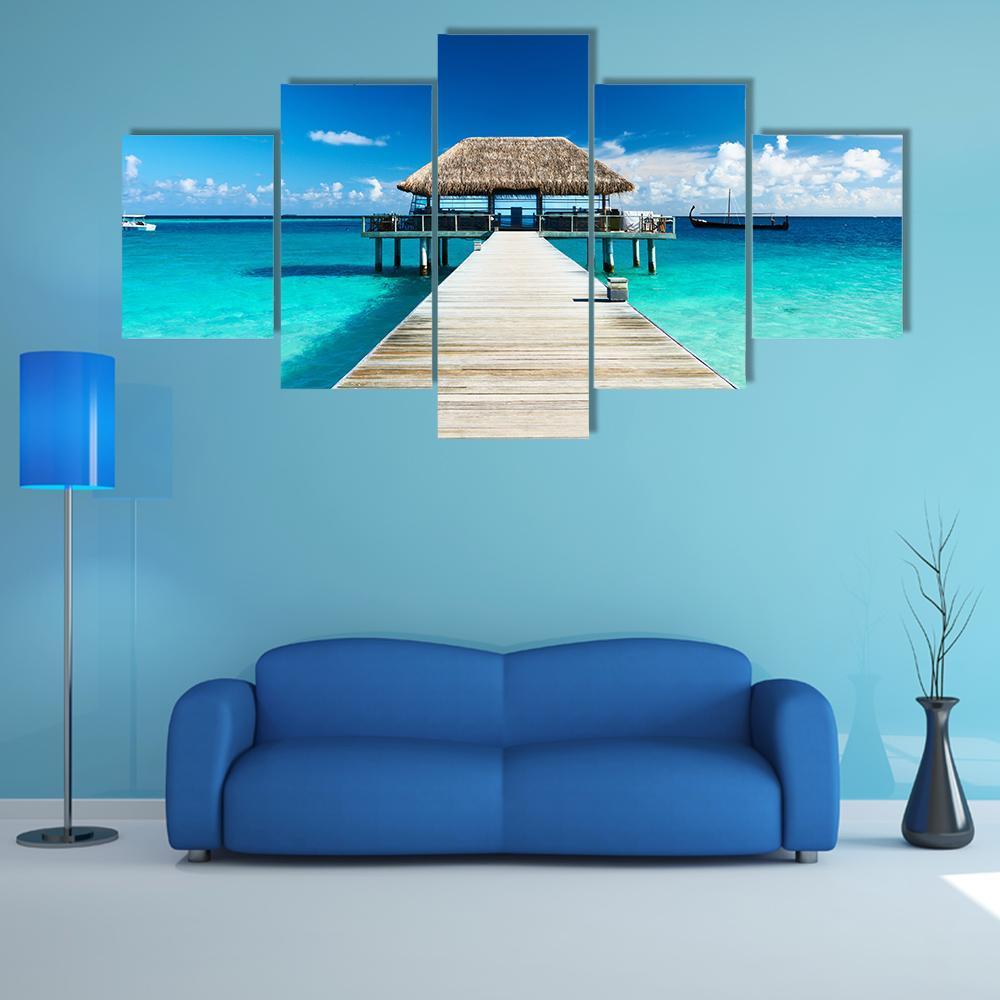 Beach With Jetty Maldives Canvas Wall Art-5 Star-Gallery Wrap-62&quot; x 32&quot;-Tiaracle