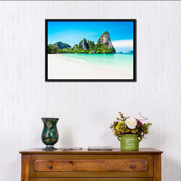 Beach With Mountains Canvas Wall Art-1 Piece-Floating Frame-24" x 16"-Tiaracle