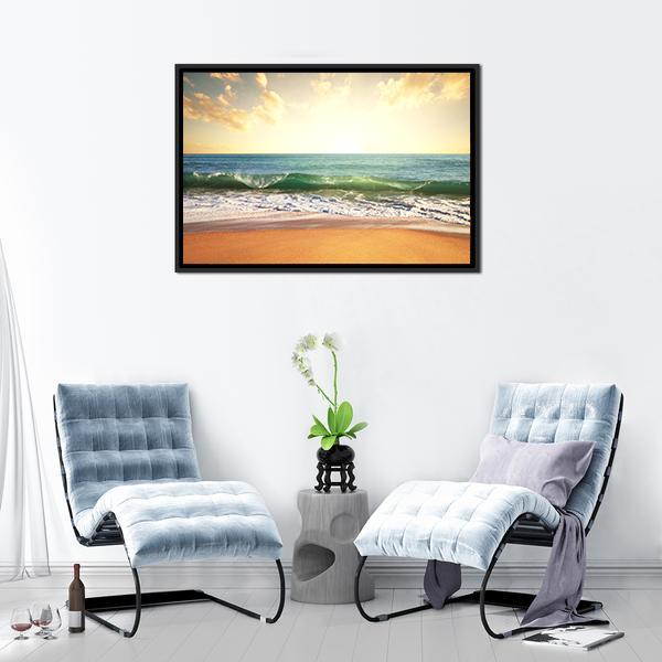 Beach with Smooth Ocean Canvas Wall Art in beige, yellow and blue, framed canvas, product view on a white background