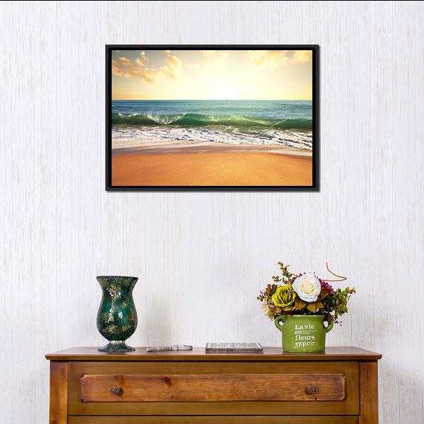 Beach With Smooth Ocean Canvas Wall Art-1 Piece-Floating Frame-24" x 16"-Tiaracle