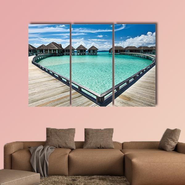 Beach With Water Bungalows Canvas Wall Art-3 Horizontal-Gallery Wrap-37" x 24"-Tiaracle