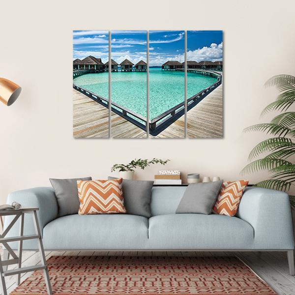 Beach With Water Bungalows Canvas Wall Art-4 Horizontal-Gallery Wrap-34" x 24"-Tiaracle