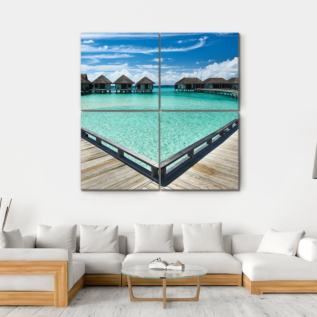 Beach With Water Bungalows Canvas Wall Art-4 Square-Gallery Wrap-17" x 17"-Tiaracle