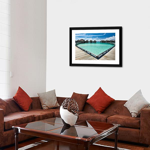 Beach With Water Bungalows Canvas Wall Art-5 Horizontal-Gallery Wrap-22" x 12"-Tiaracle