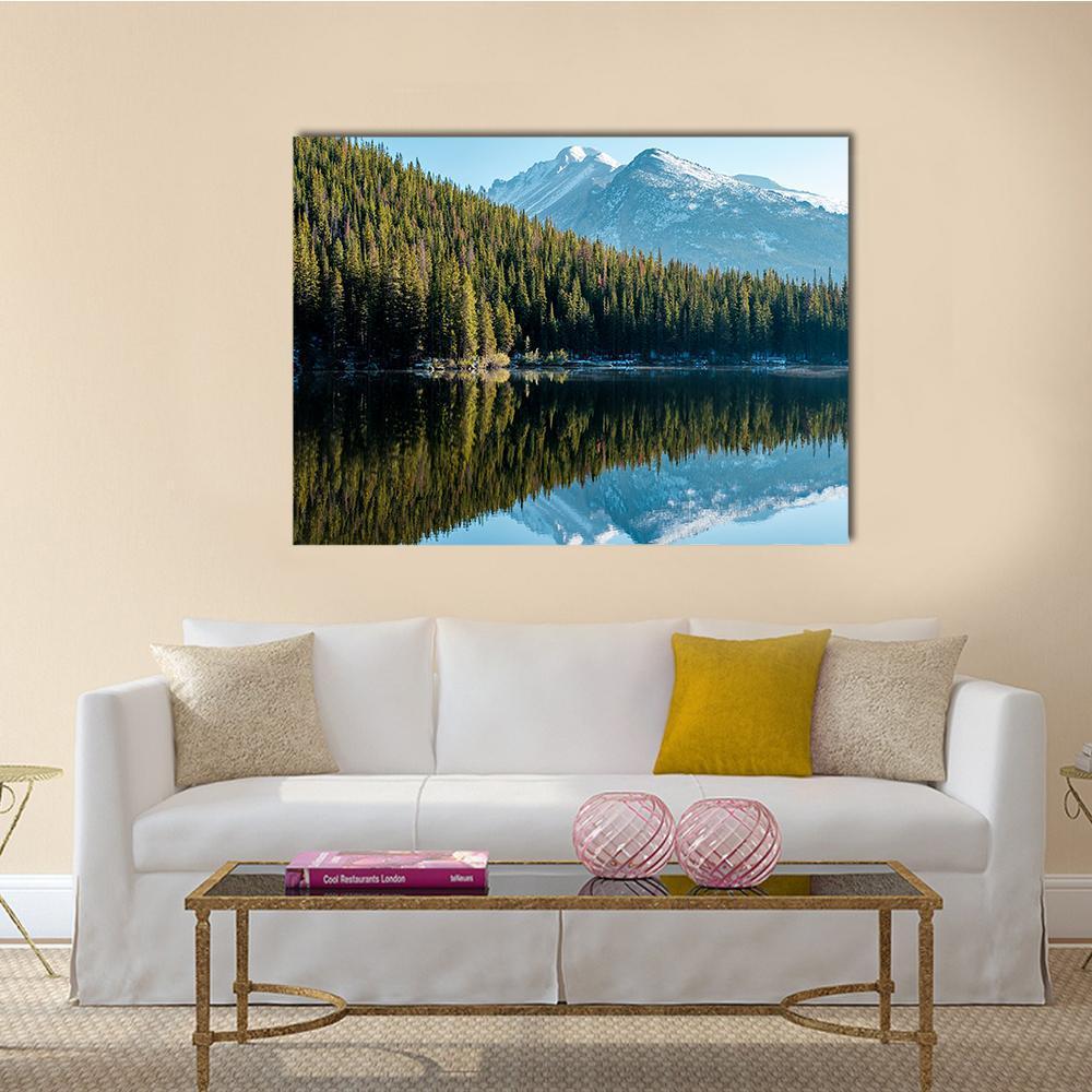 Bear Lake Reflection Canvas Wall Art in white, green and blue, single panel hung on a wall