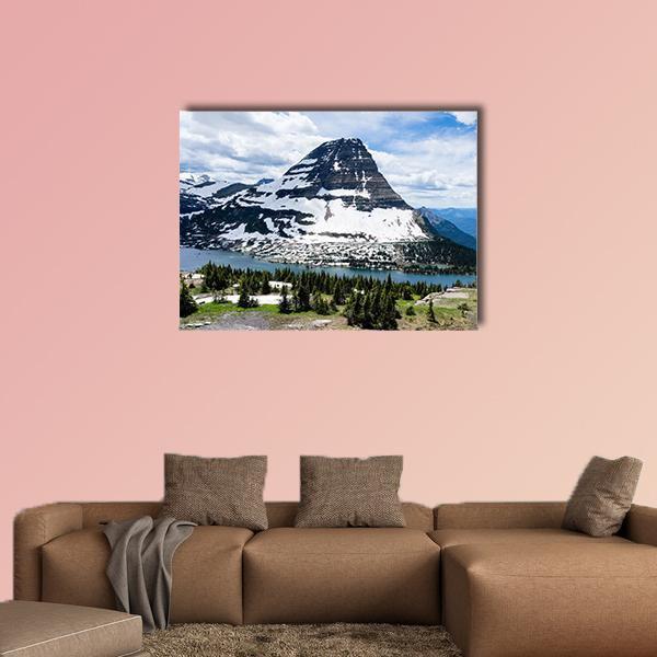 Bearhat Mountain Lake View Canvas Wall Art in white, gray and blue, single panel hung on a wall