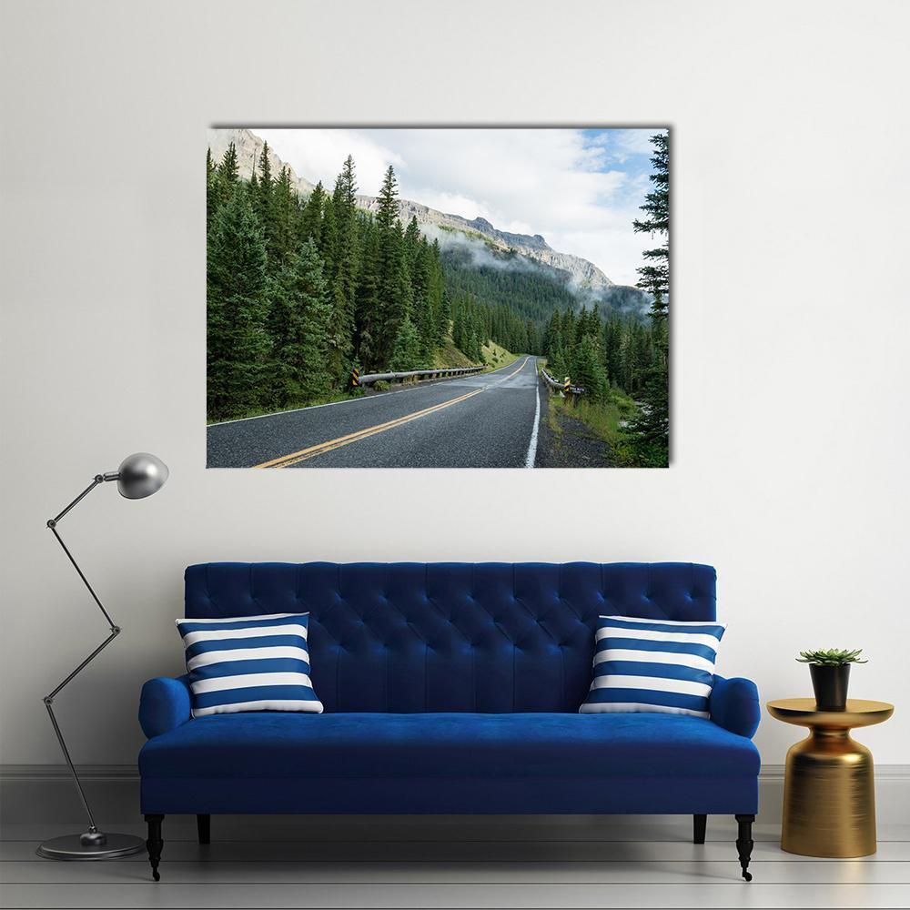 Beartooth Highway Mountain Road, Montana Canvas Wall Art in gray, green and blue, single panel hung on a wall