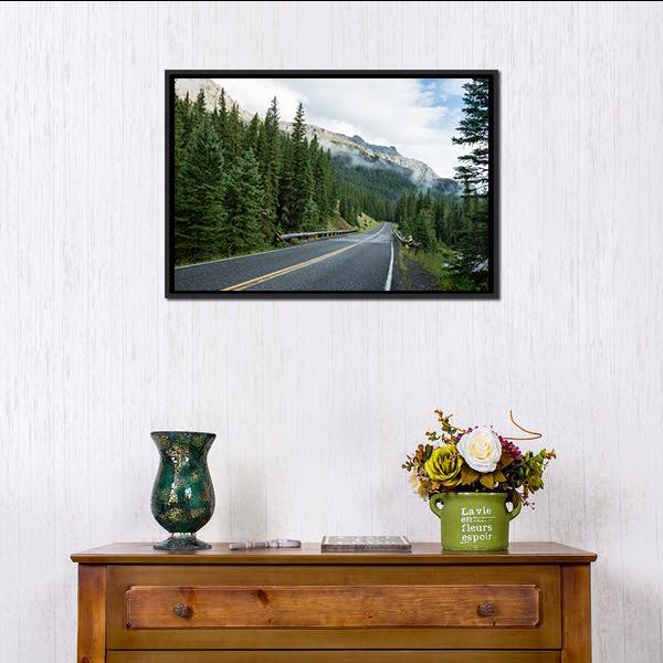 Beartooth Highway Mountain Road, Montana Canvas Wall Art in gray, green and blue, framed canvas, product view on a white background