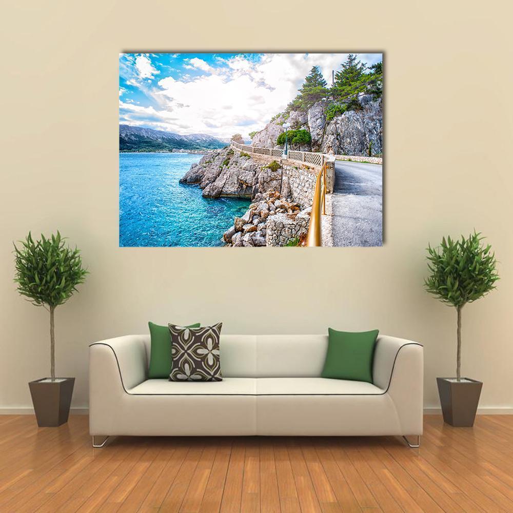 Adriatic Sea Coastline Canvas Wall Art in white, gray and blue, single panel hung on a wall