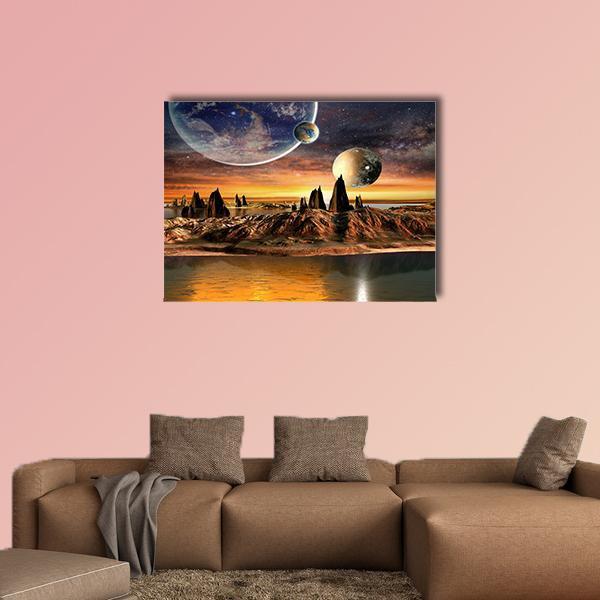 Alien Lake Under Two Planets Canvas Wall Art in brown, orange and blue, single panel hung on a wall