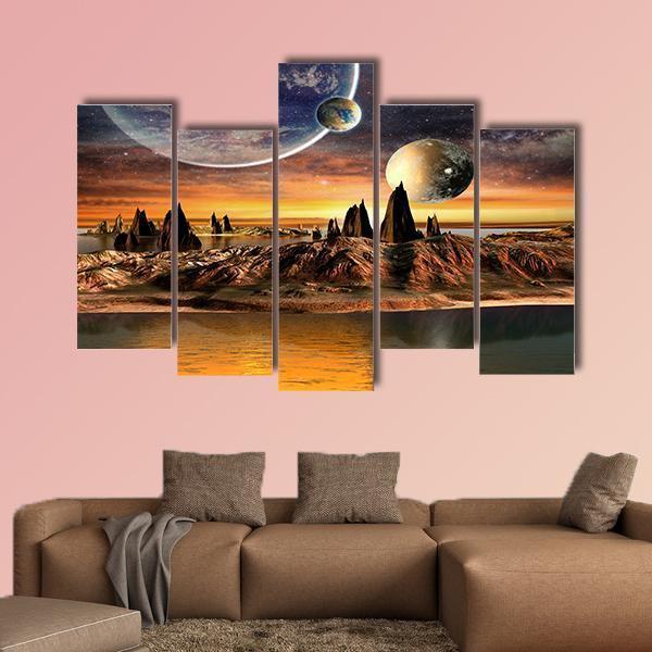 Alien Planet With Lake Canvas Wall Art-5 Pop-Gallery Wrap-47" x 32"-Tiaracle