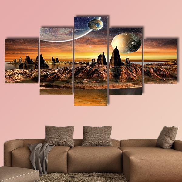 Alien Planet With Lake Canvas Wall Art-5 Star-Gallery Wrap-62" x 32"-Tiaracle