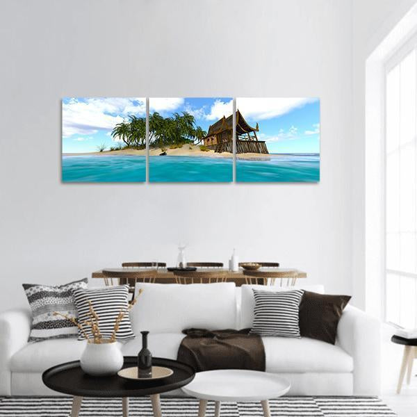 Tropical Island with Thai-style Hut Panoramic Canvas Wall Art in white, green and blue, hung on a wall