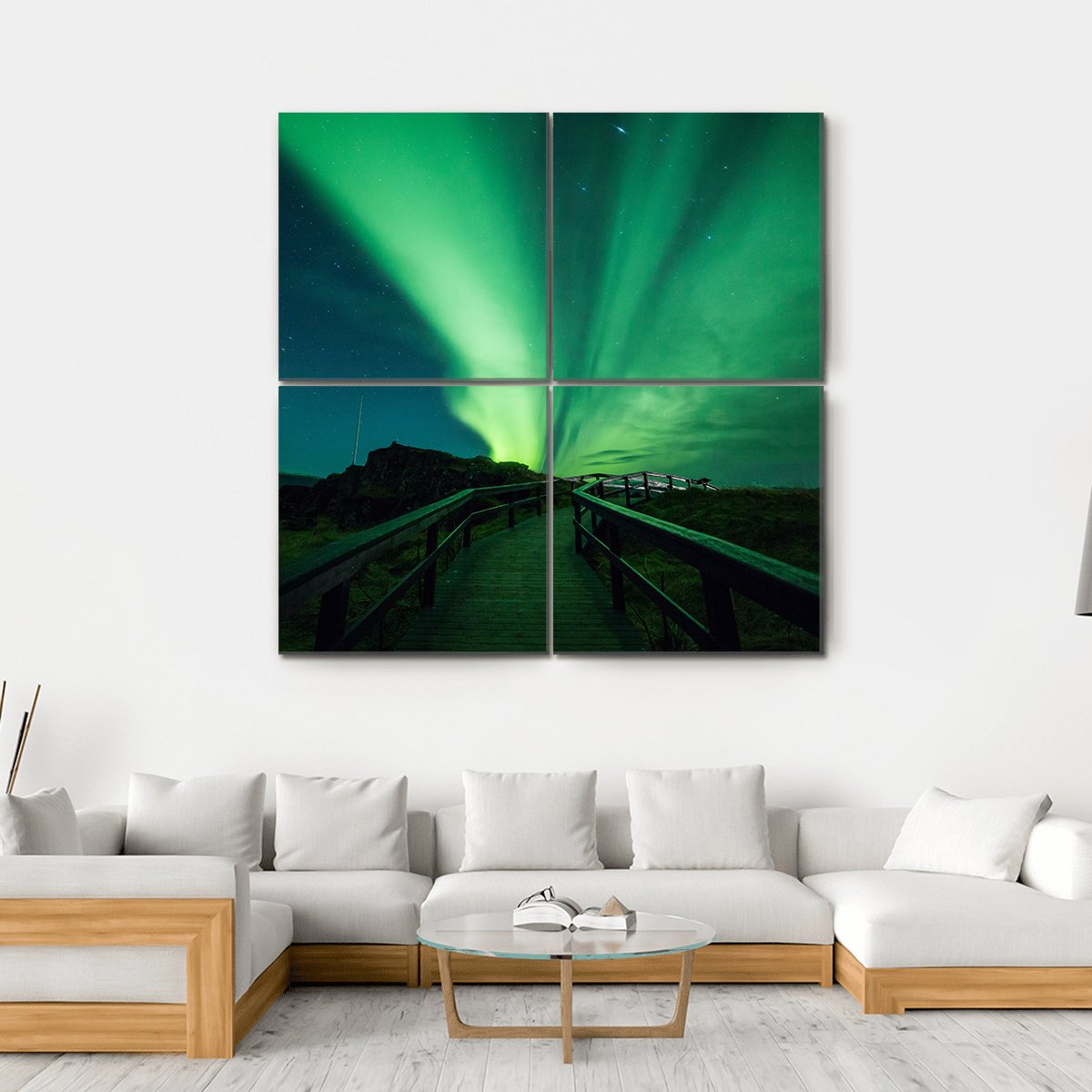 Aurora Borealis Over Iceland Boardwalk Canvas Wall Art in black and green, single panel hung on a wall