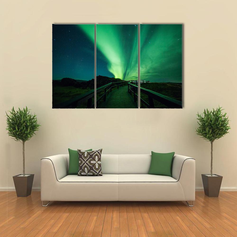Aurora Borealis In Iceland Canvas Wall Art-3 Horizontal-Gallery Wrap-37" x 24"-Tiaracle