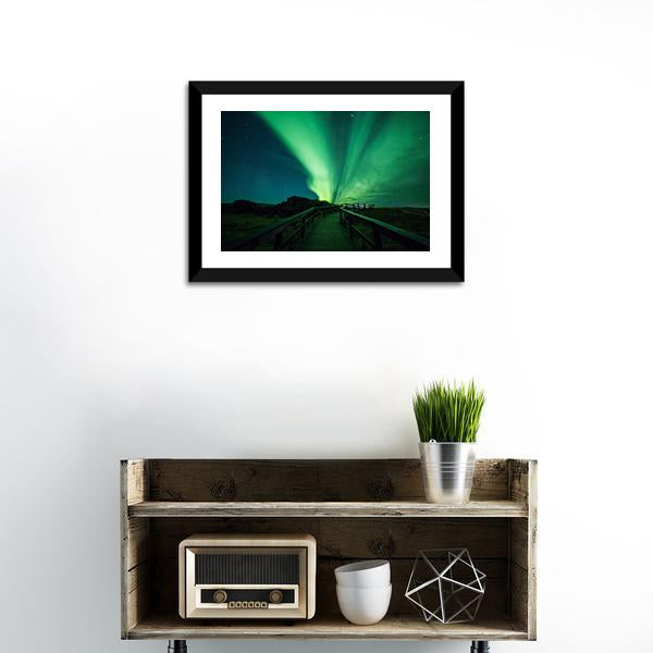 Aurora Borealis in Iceland Canvas Wall Art in black and green, 3 panel horizontal set hung on a wall
