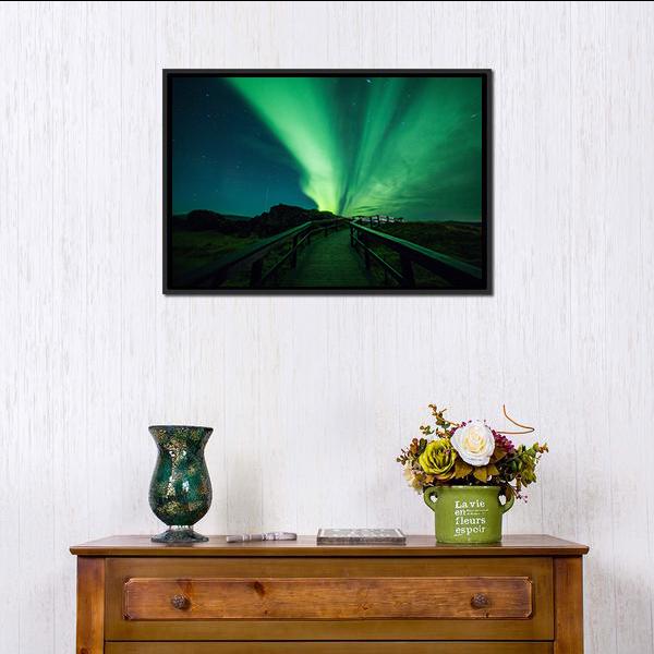 Aurora Borealis in Iceland Canvas Wall Art in black and green, framed canvas, product view on a white background