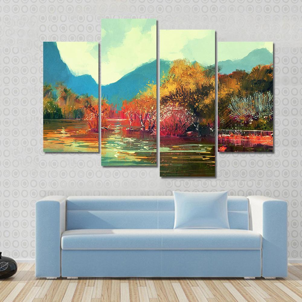 Autumn Forest Illustration Canvas Wall Art-4 Pop-Gallery Wrap-50&quot; x 32&quot;-Tiaracle