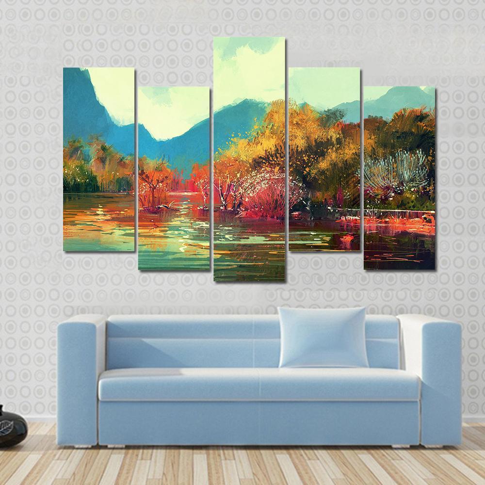 Autumn Forest Illustration Canvas Wall Art-5 Pop-Gallery Wrap-47&quot; x 32&quot;-Tiaracle