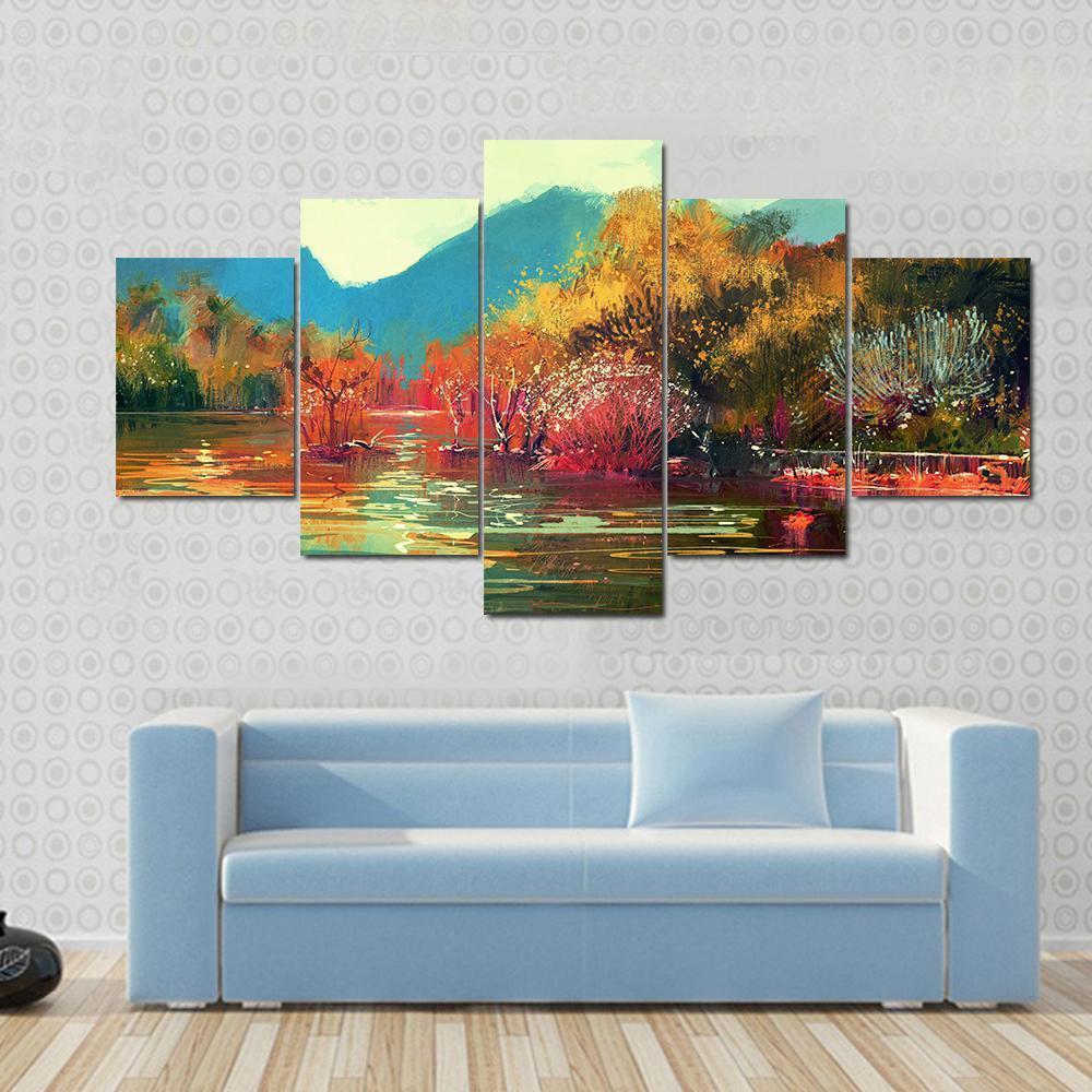 Autumn Forest Illustration Canvas Wall Art-5 Star-Gallery Wrap-62" x 32"-Tiaracle