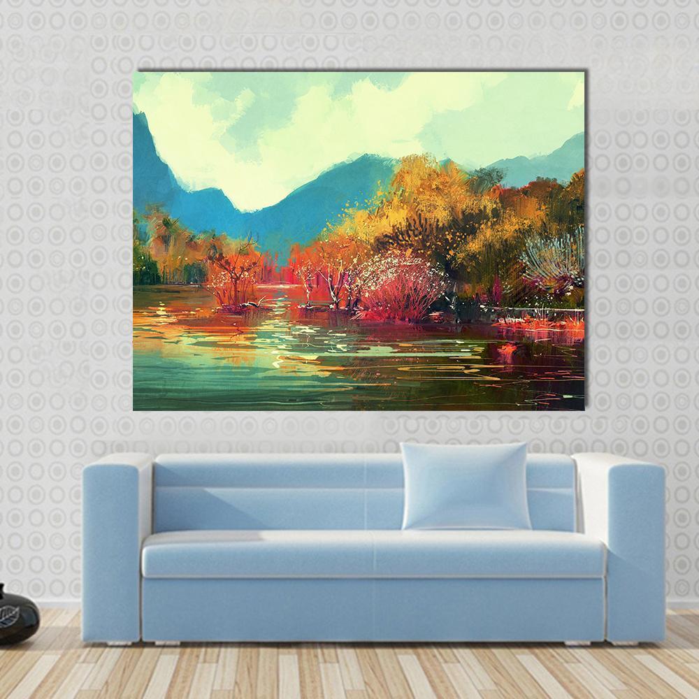 Textured Autumn Lake Landscape Canvas Wall Art in orange, yellow and blue, single panel hung on a wall