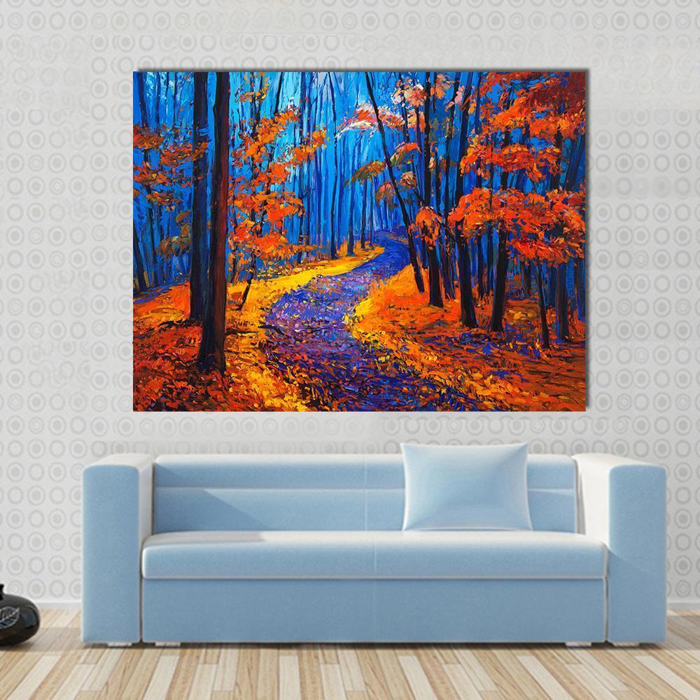 Autumn Forest Pathway Canvas Wall Art in orange, yellow and blue, single panel hung on a wall