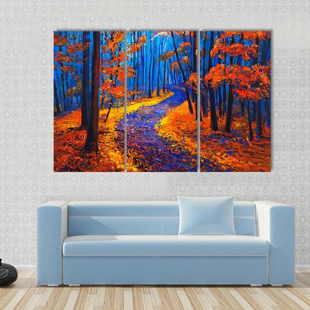 Beautiful Autumn Forest Pathway Canvas Wall Art-3 Horizontal-Gallery Wrap-37&quot; x 24&quot;-Tiaracle
