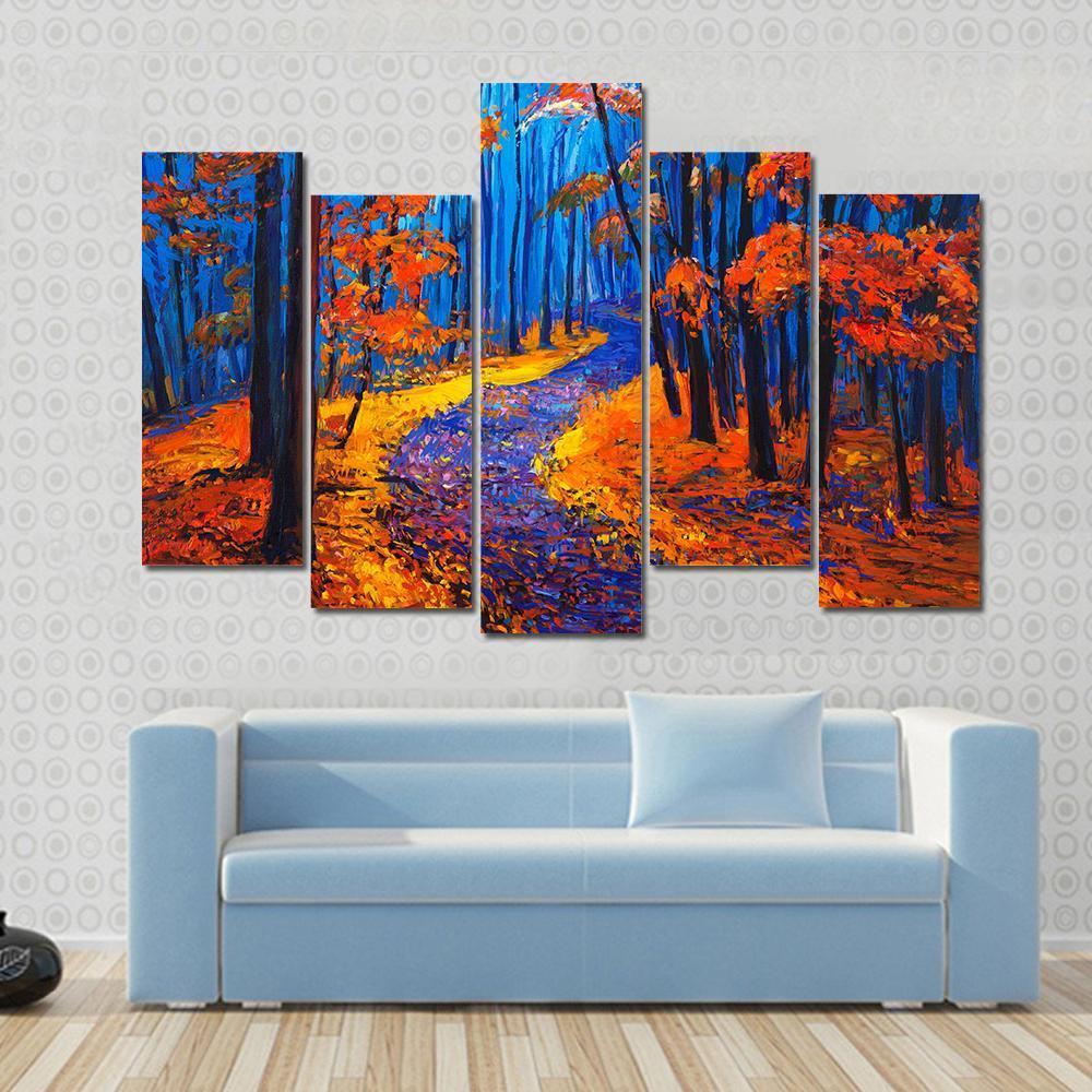 Beautiful Autumn Forest Pathway Canvas Wall Art-5 Pop-Gallery Wrap-47&quot; x 32&quot;-Tiaracle