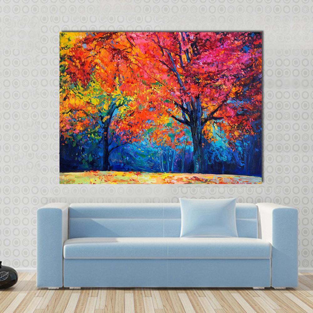 Beautiful Autumn Forest Trees Canvas Wall Art-1 Piece-Gallery Wrap-48&quot; x 32&quot;-Tiaracle