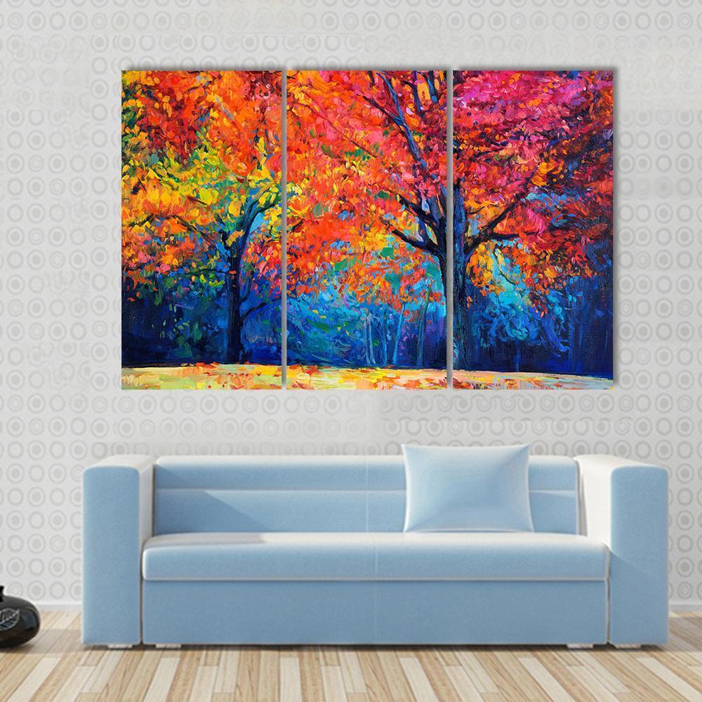 Beautiful Autumn Forest Trees Canvas Wall Art-3 Horizontal-Gallery Wrap-37&quot; x 24&quot;-Tiaracle
