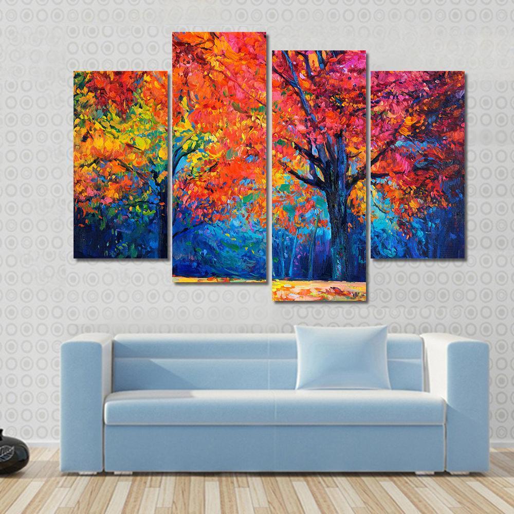 Beautiful Autumn Forest Trees Canvas Wall Art-4 Pop-Gallery Wrap-50&quot; x 32&quot;-Tiaracle