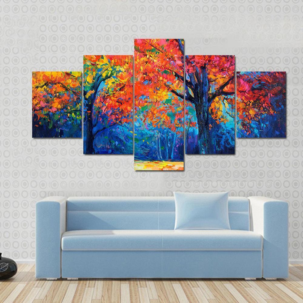 Beautiful Autumn Forest Trees Canvas Wall Art-5 Star-Gallery Wrap-62&quot; x 32&quot;-Tiaracle