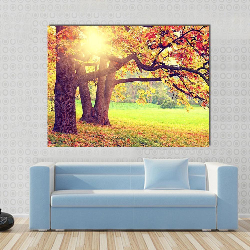 Beautiful Autumn Landscape Canvas Wall Art in orange, yellow and green, single panel hung on a wall