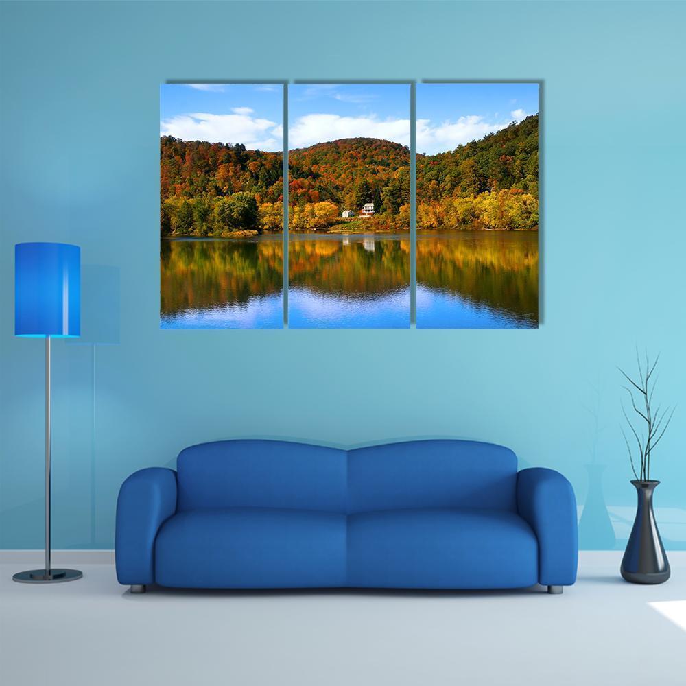Lake With Autumn Forest Canvas Wall Art-4 Pop-Gallery Wrap-50" x 32"-Tiaracle