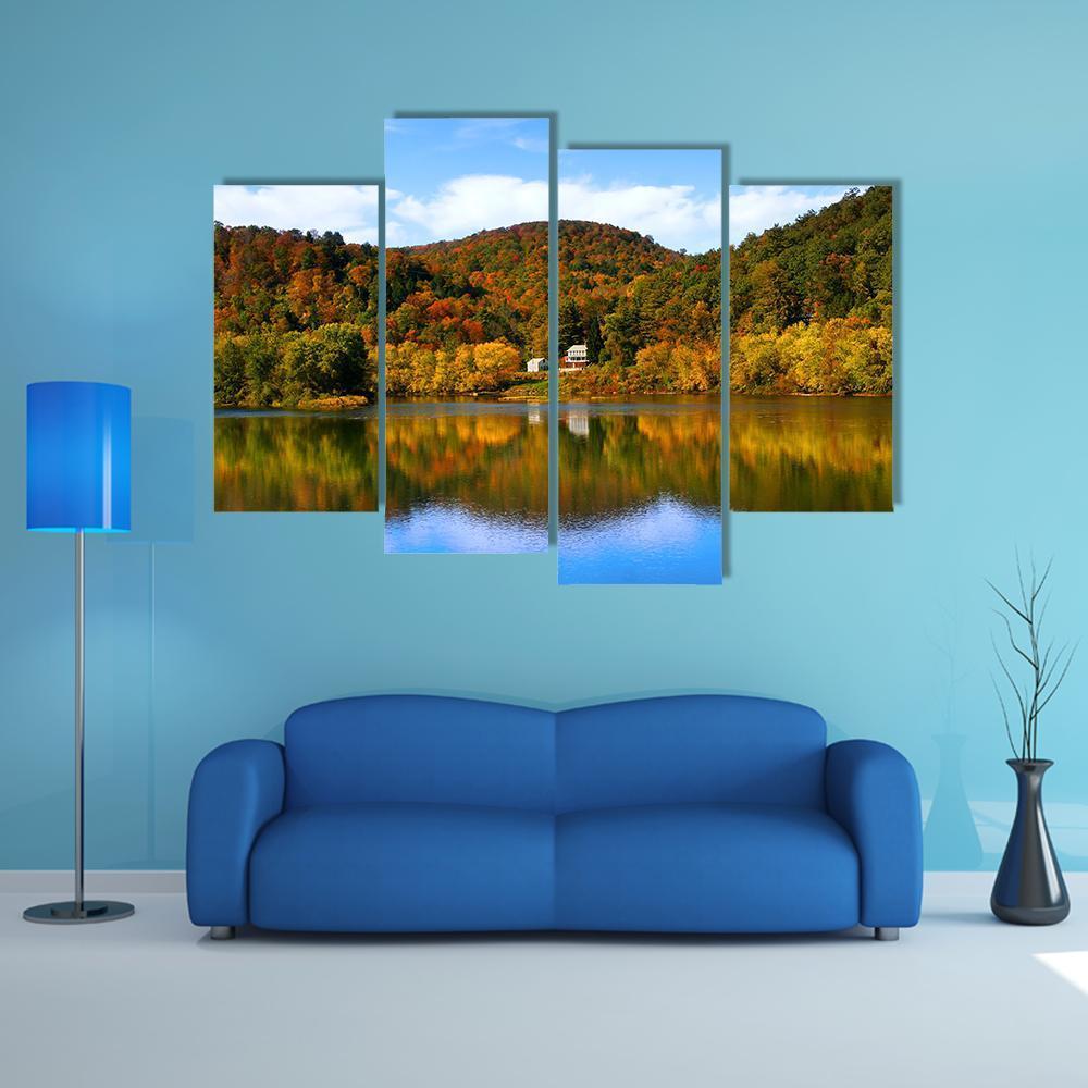 Lake With Autumn Forest Canvas Wall Art-4 Pop-Gallery Wrap-50" x 32"-Tiaracle