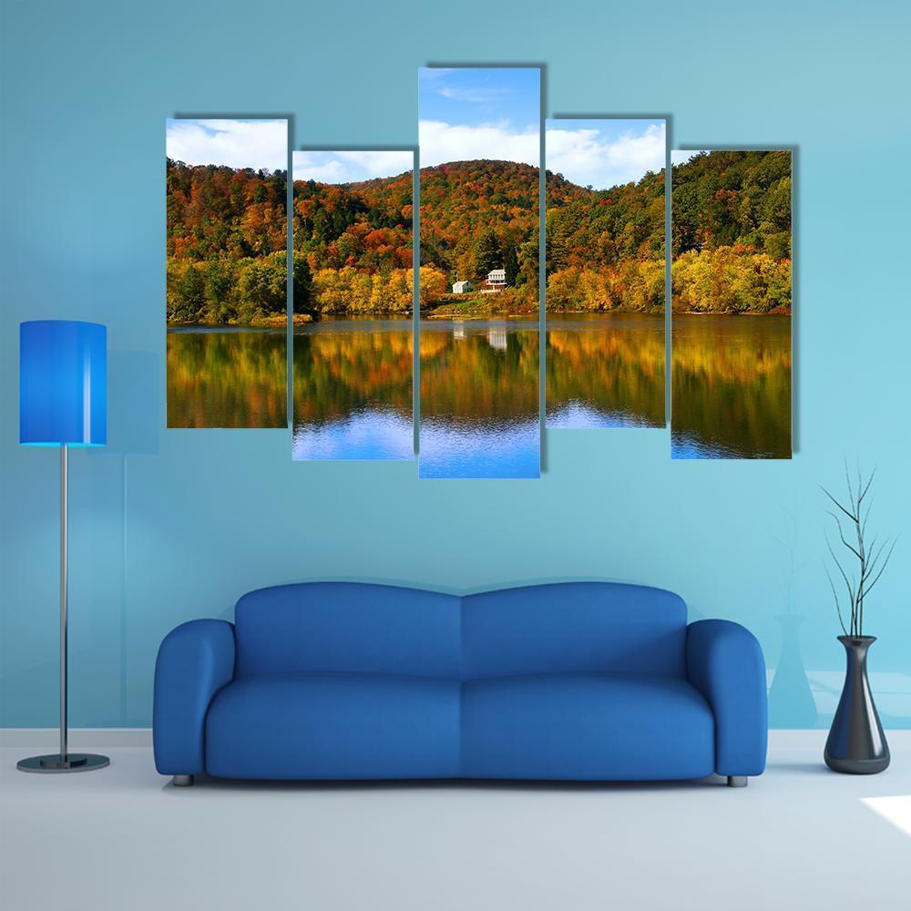 Lake With Autumn Forest Canvas Wall Art-5 Pop-Gallery Wrap-47" x 32"-Tiaracle