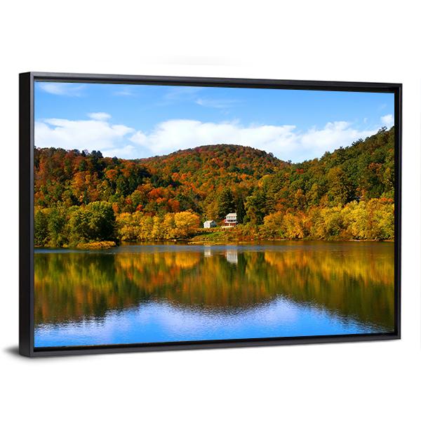 Lake With Autumn Forest Canvas Wall Art-3 Horizontal-Gallery Wrap-25" x 16"-Tiaracle