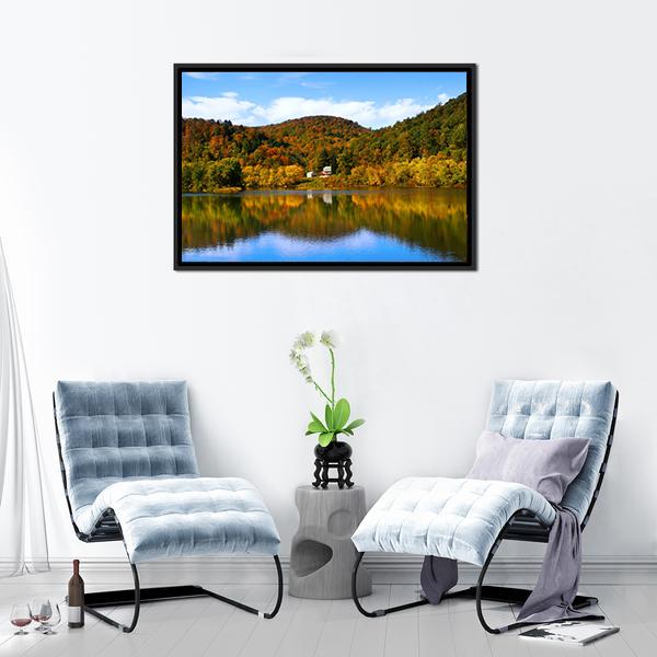 Lake With Autumn Forest Canvas Wall Art-3 Horizontal-Gallery Wrap-25" x 16"-Tiaracle