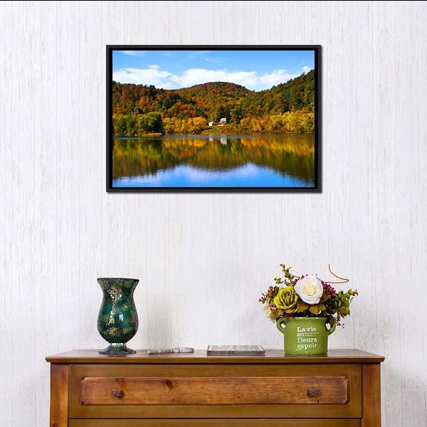 Lake With Autumn Forest Canvas Wall Art-1 Piece-Floating Frame-24" x 16"-Tiaracle