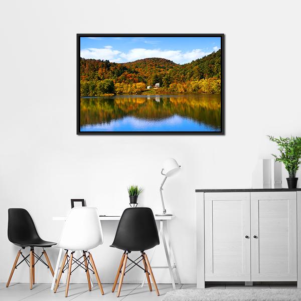 Lake With Autumn Forest Canvas Wall Art-3 Horizontal-Gallery Wrap-25" x 16"-Tiaracle
