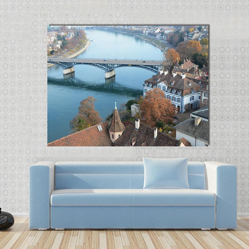 Basel Riverside with Arched Bridge Canvas Wall Art in gray, brown and blue, single panel hung on a wall