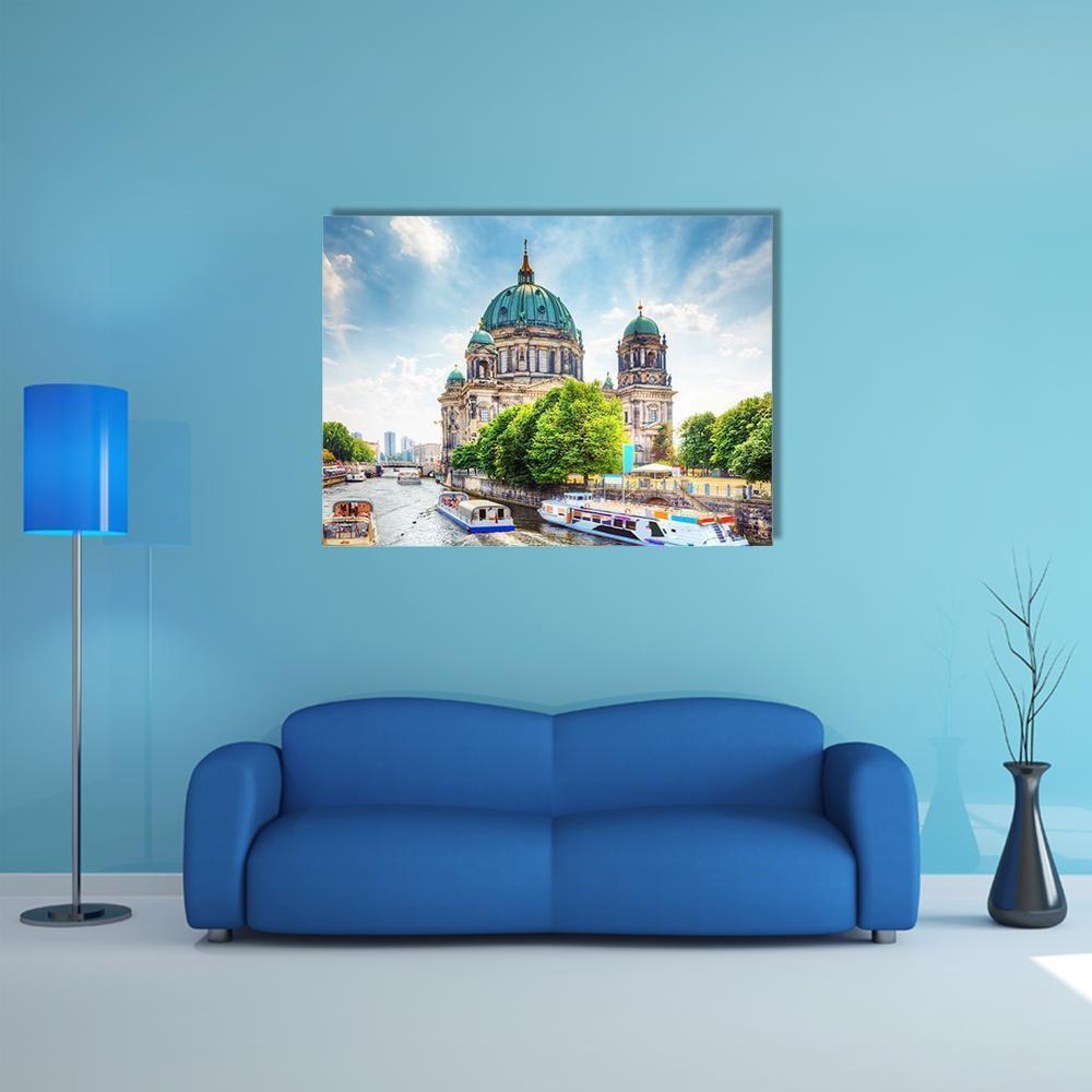 Berlin Cathedral on the Spree River Canvas Wall Art in white, green and blue, single panel hung on a wall