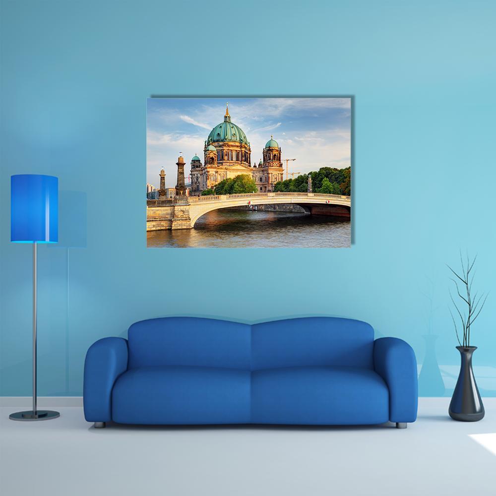 Berliner Dom on the Spree River Canvas Wall Art in beige, brown and blue, single panel hung on a wall