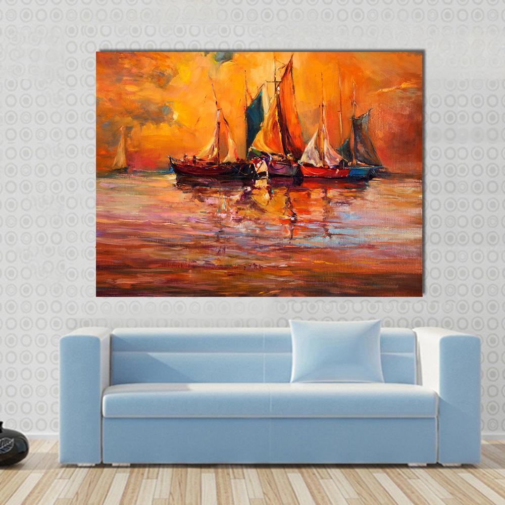 Sunset Sailboats with Reflections Canvas Wall Art in brown, orange and yellow, single panel hung on a wall