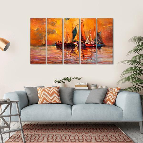 Boats &amp; Sea Illustration Canvas Wall Art-5 Horizontal-Gallery Wrap-22" x 12"-Tiaracle